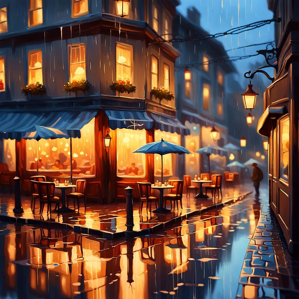 Cozy Cafe on Rainy Evening: Impressionist Concept Art