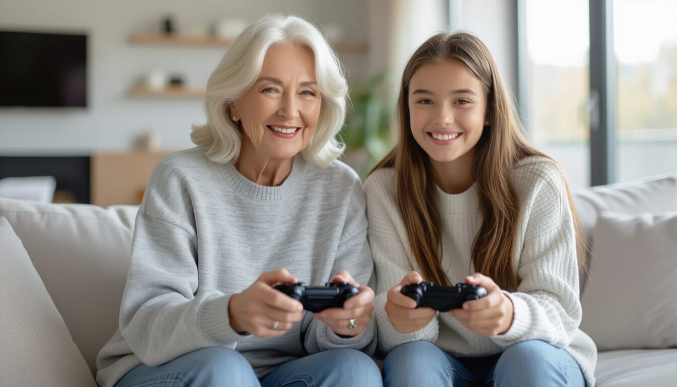 Grandmother and Granddaughter Play Video Games