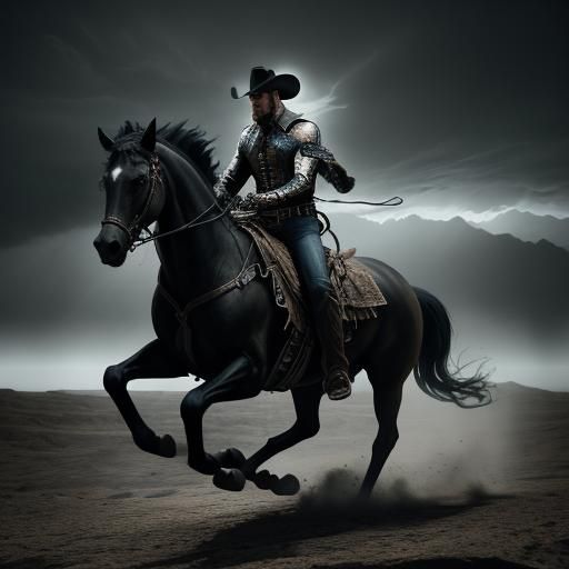 Cowboy Rides Bitcoin Through Cyberpunk Cityscape