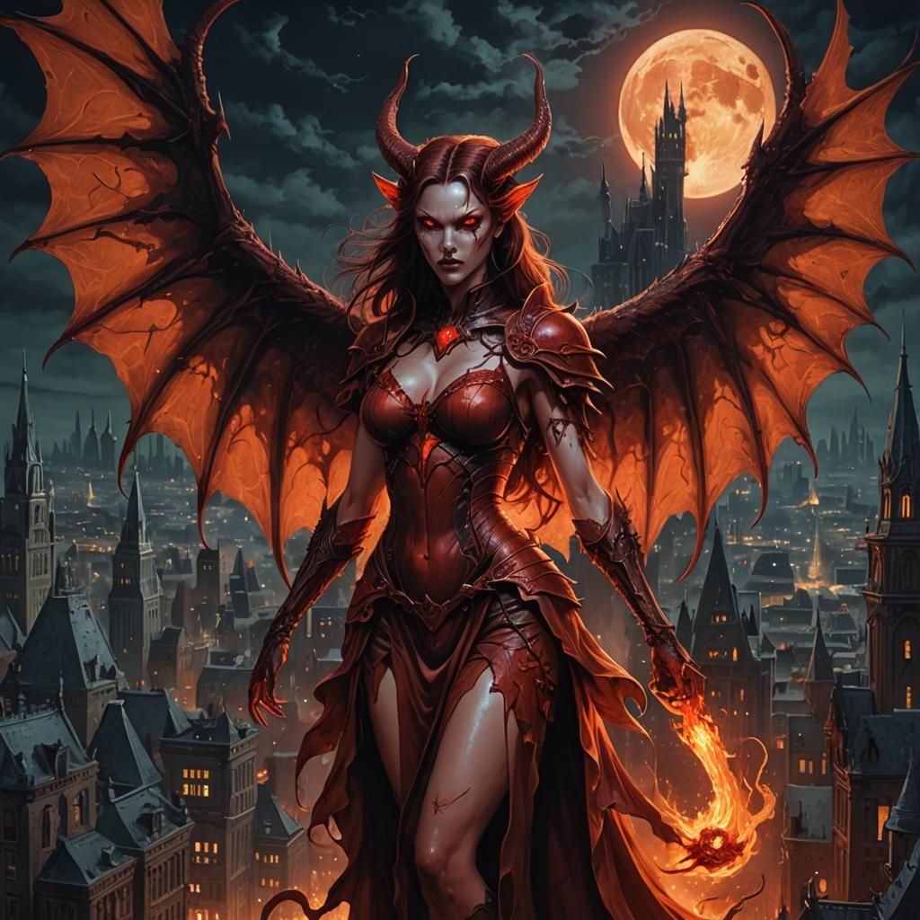 Fiery She-Demon in Gothic Cityscape