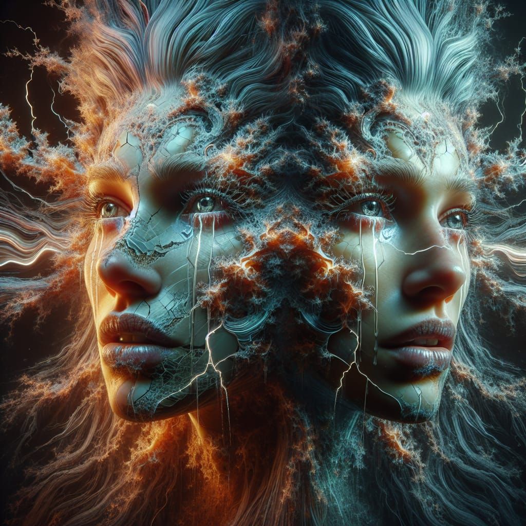 Shattered Scandinavian Goddess in Double Exposure Fractal St...