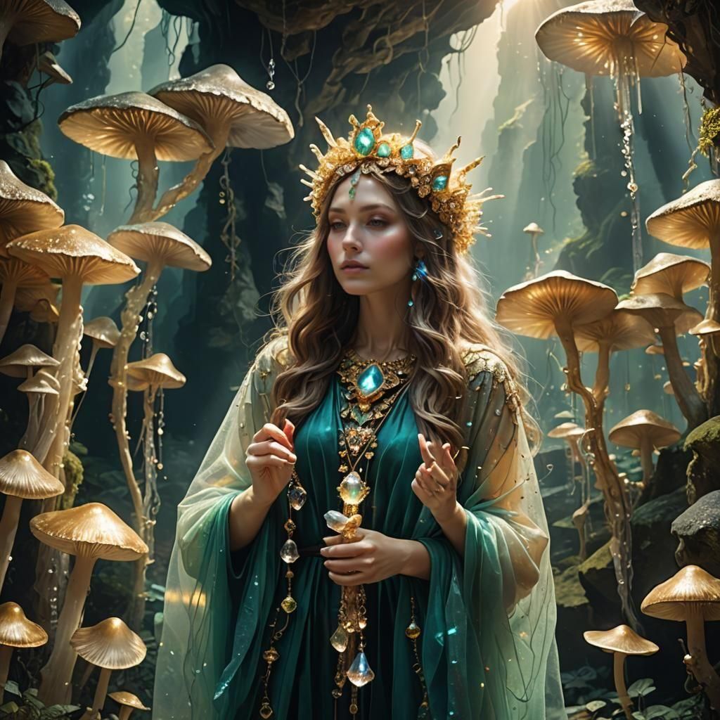 Mysterious Maiden in Glimmering Crystal Cave