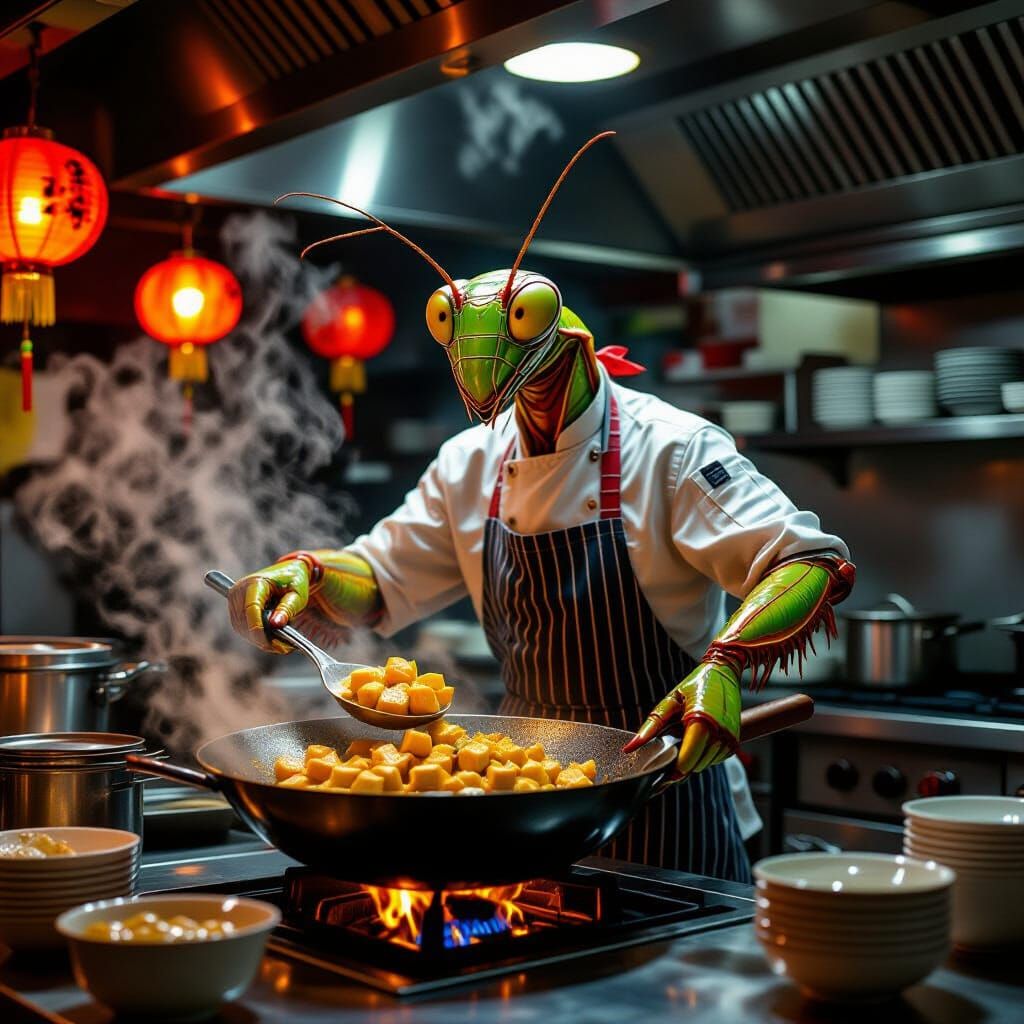 Giant Mantis Chef Stir-Fries Mapo Tofu in Steamy Kitchen