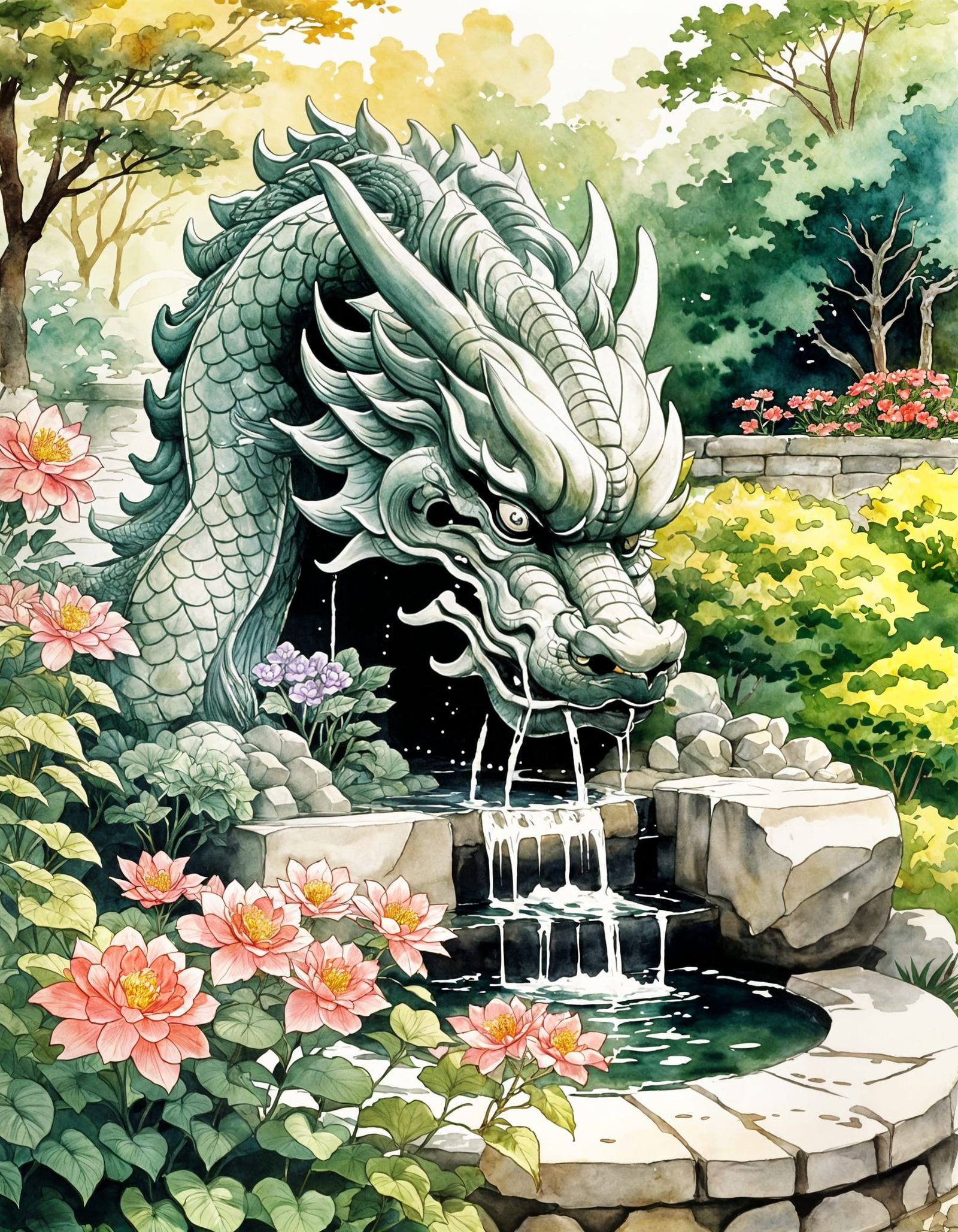 Zen Garden Fountain in Japanese Art Style