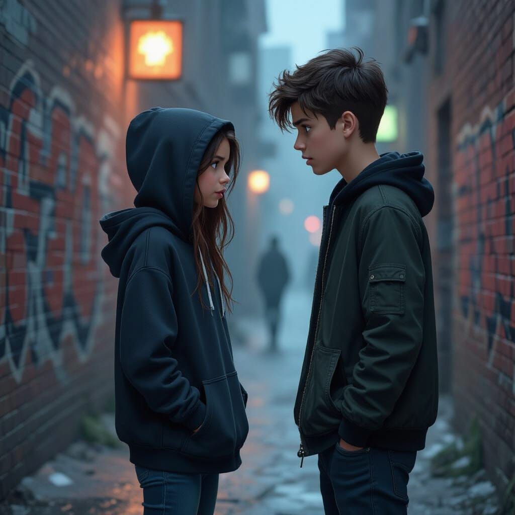Teenage Confrontation in Dim Alleyway: Cinematic Gritty Real...