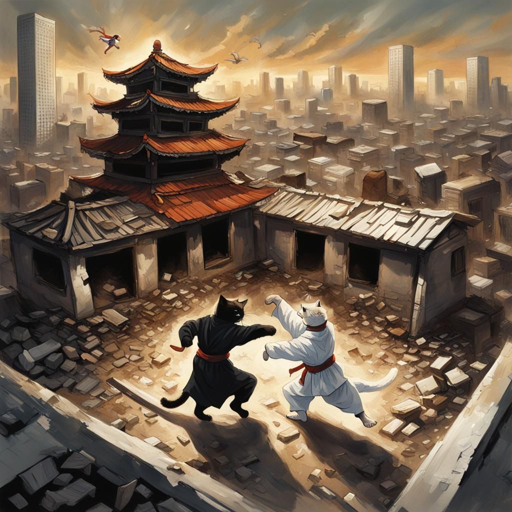 Karate Cats Fight in Ruined Dojo: Sinister Art
