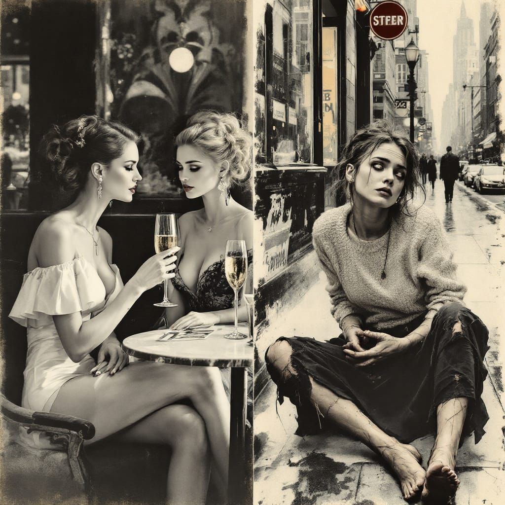 Elegant Cafe Women Contrast Beggar in Split Bromoil Print