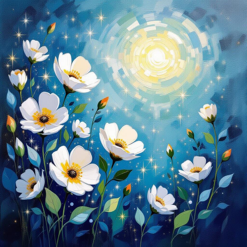 Bioluminescent Flowers Sparkle in Gouache Style