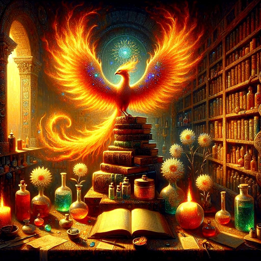 Fire Phoenix in Wizard's Office: Pre-Raphaelite Style