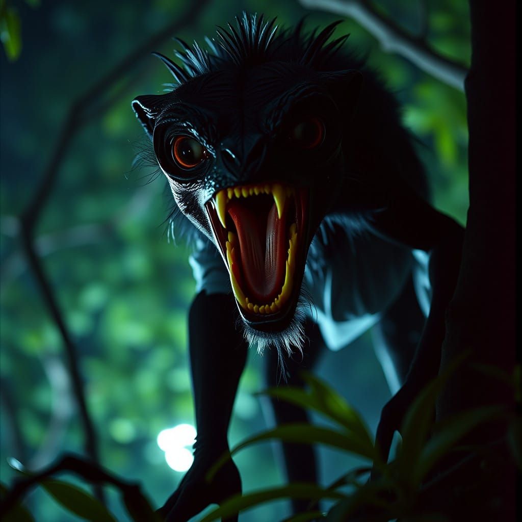 Primata-demônio com braços grotescamente longos vagando a floresta numa noite de lua cheia. Tem a boca escancarada num b...