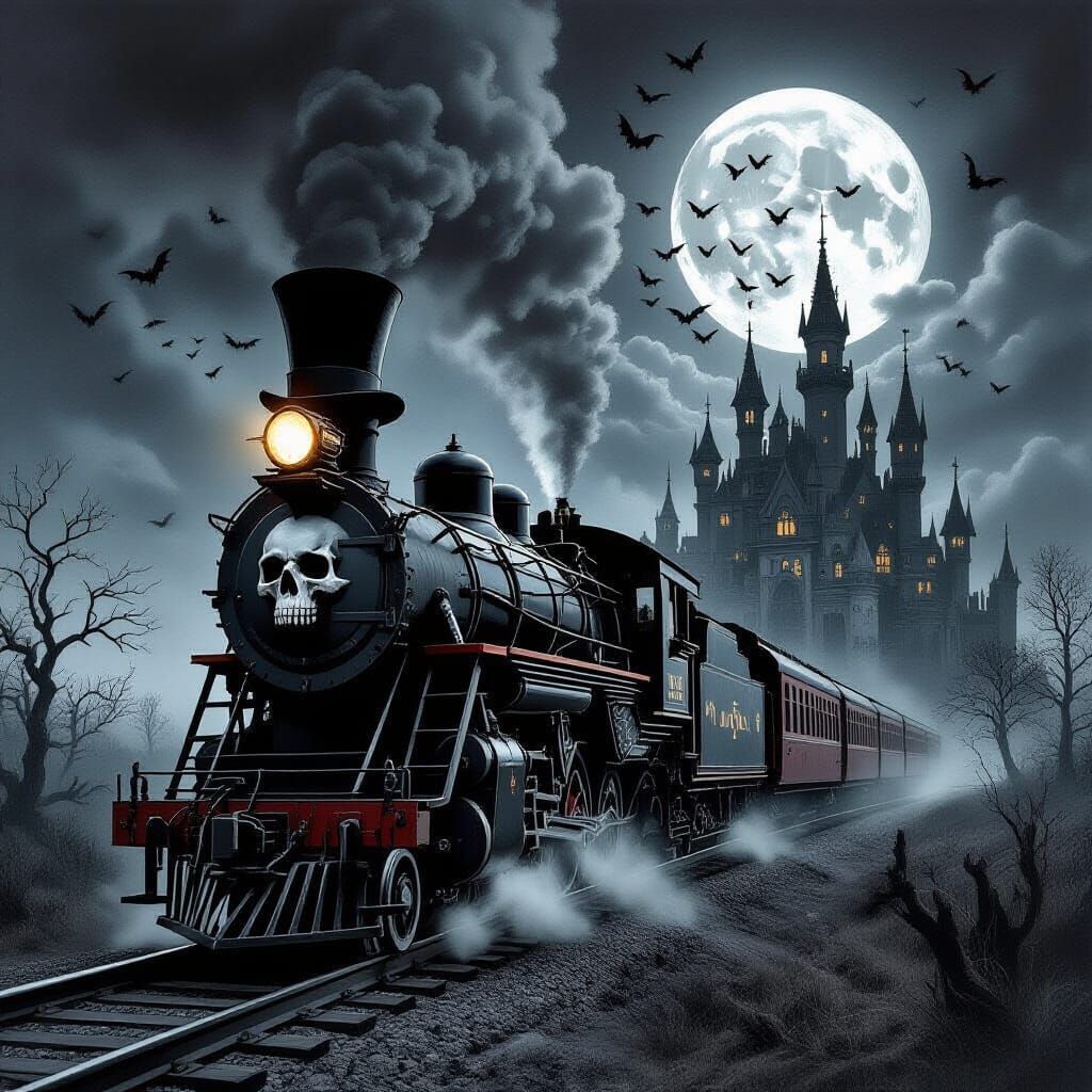 Undead Steam Train with Skull Head in Top Hat, Haunted Castl...