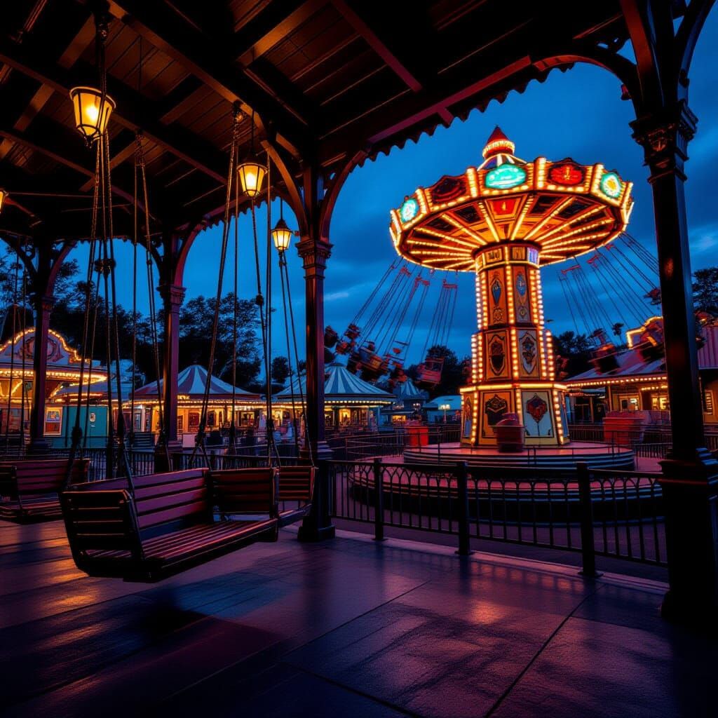 Pleasure Island Pavilion at Night with Lanterns and Moonligh...