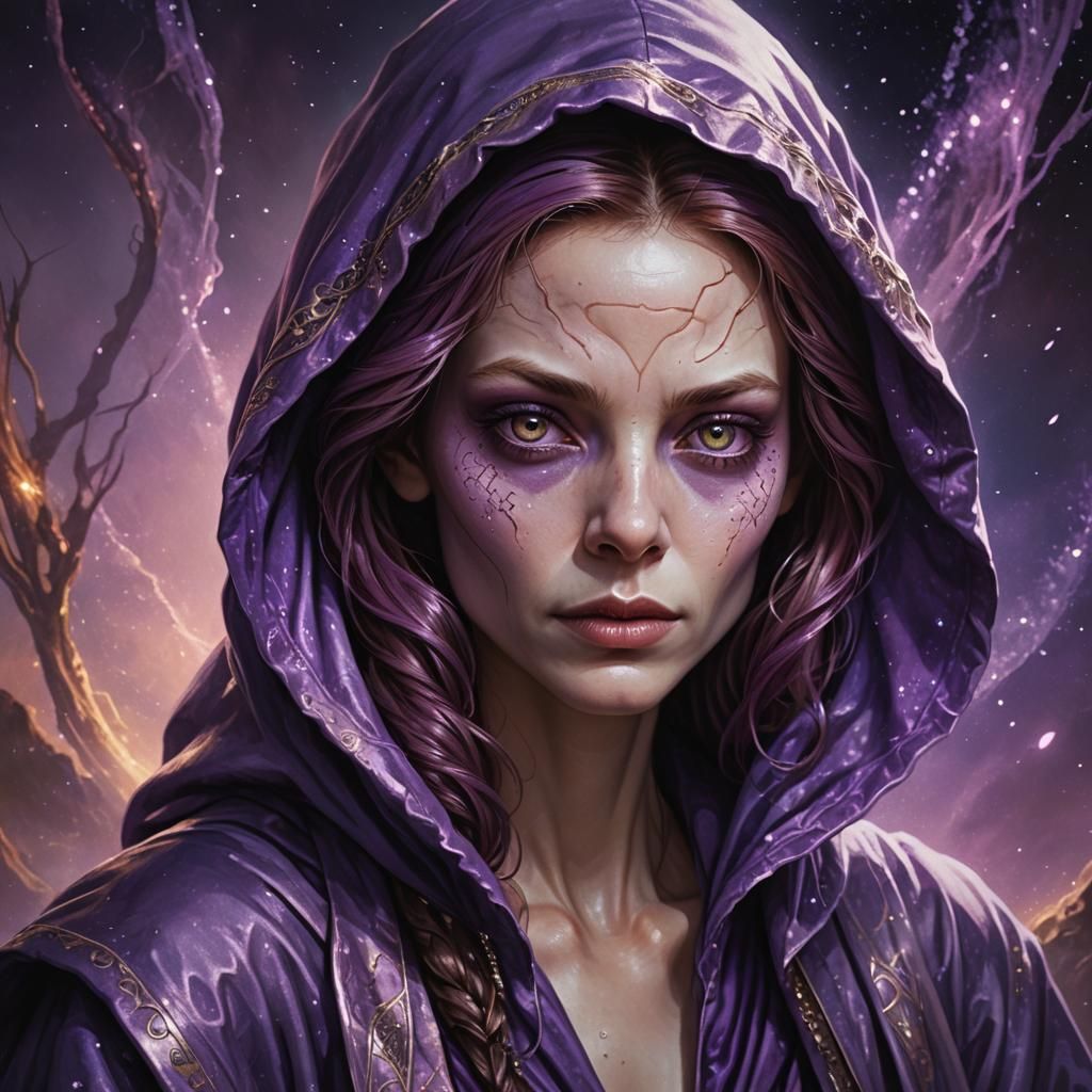 Hyperrealistic Portrait of an Alien Woman in Purple Robe