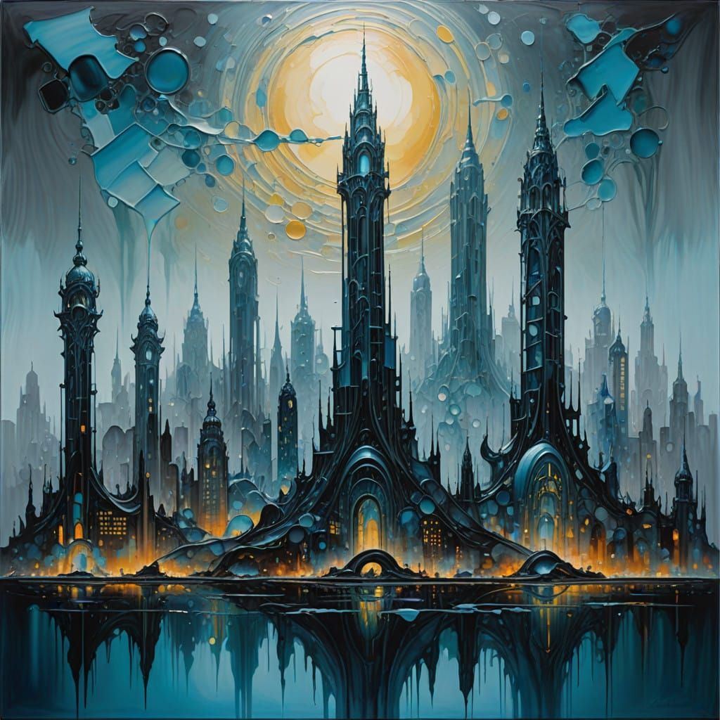 Glass Metropolis in Dreamlike Surrealist Landscape