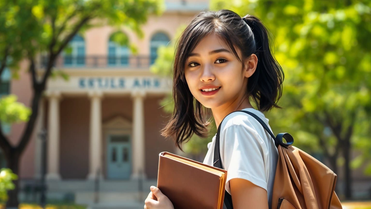 Young Asian Female Student in Vibrant Campus Setting