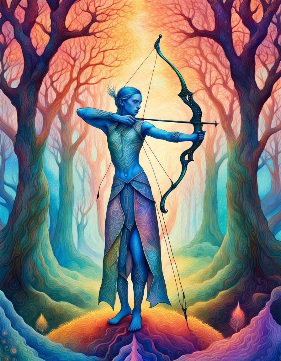Elven Archer in Magical Forest: Cosmic Illustration