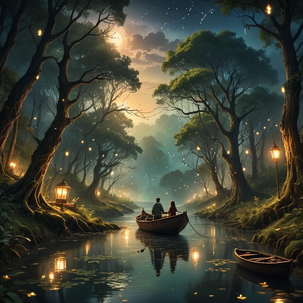 Romantic Forest River Scene with Fireflies: Matte Painting