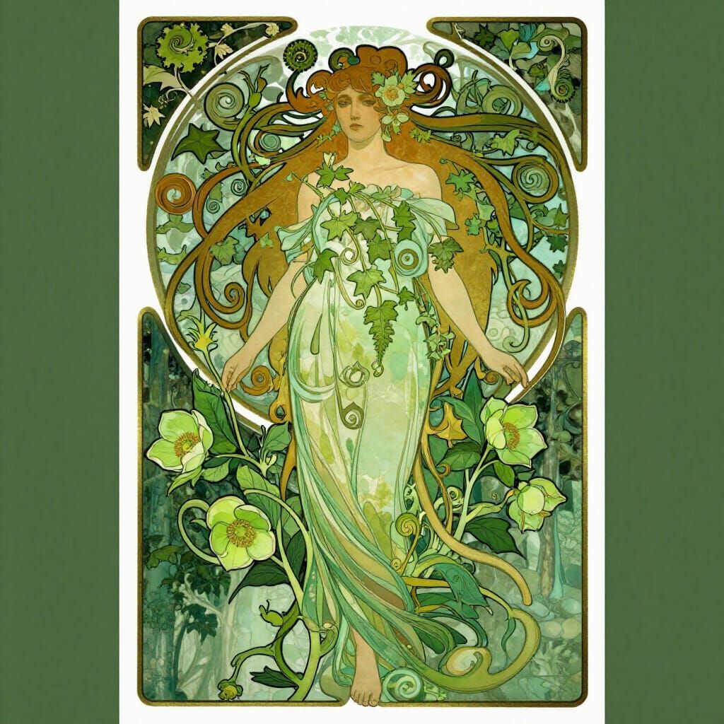 Art Nouveau Nymph Poster with Flowing Hair and Floral Accent...