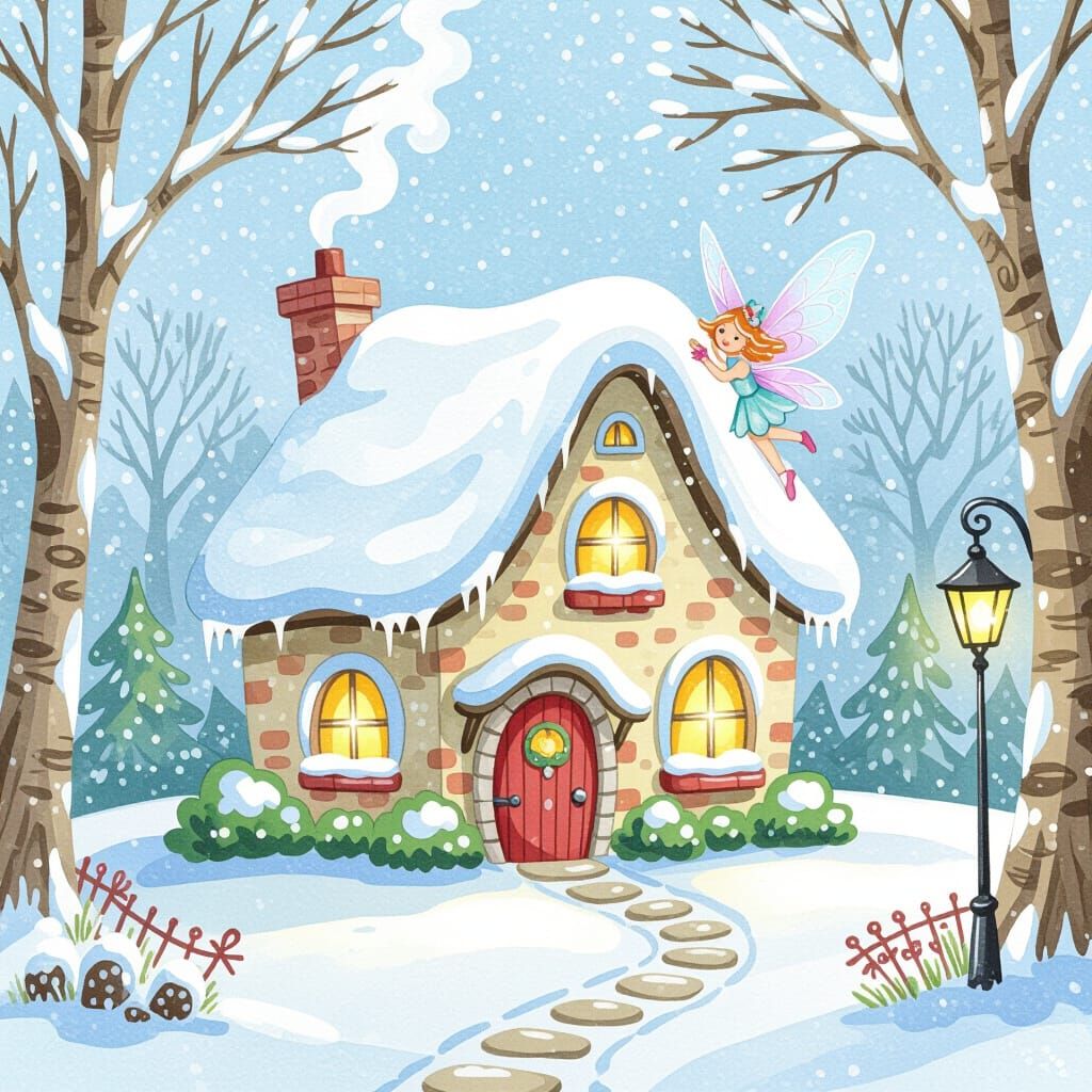 Charming Snowy Fairy House Children's Storybook Illustration