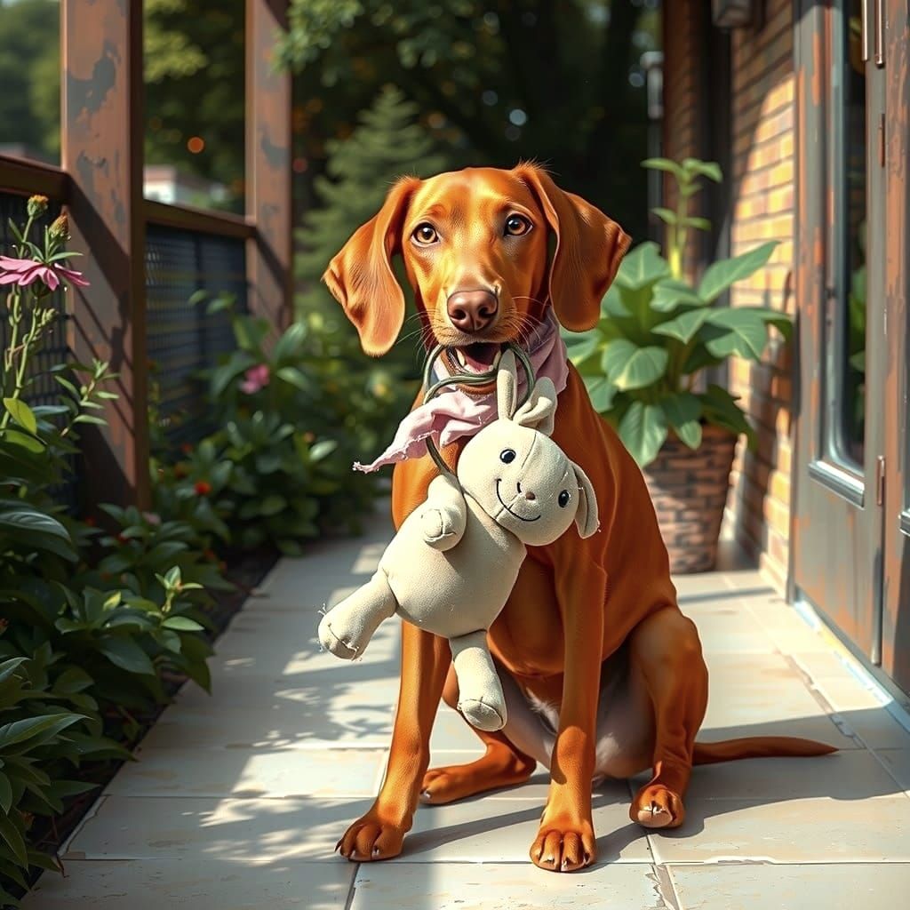 Vibrant Vizsla Seated on Patio, Golden Coat Shining in Warm ...