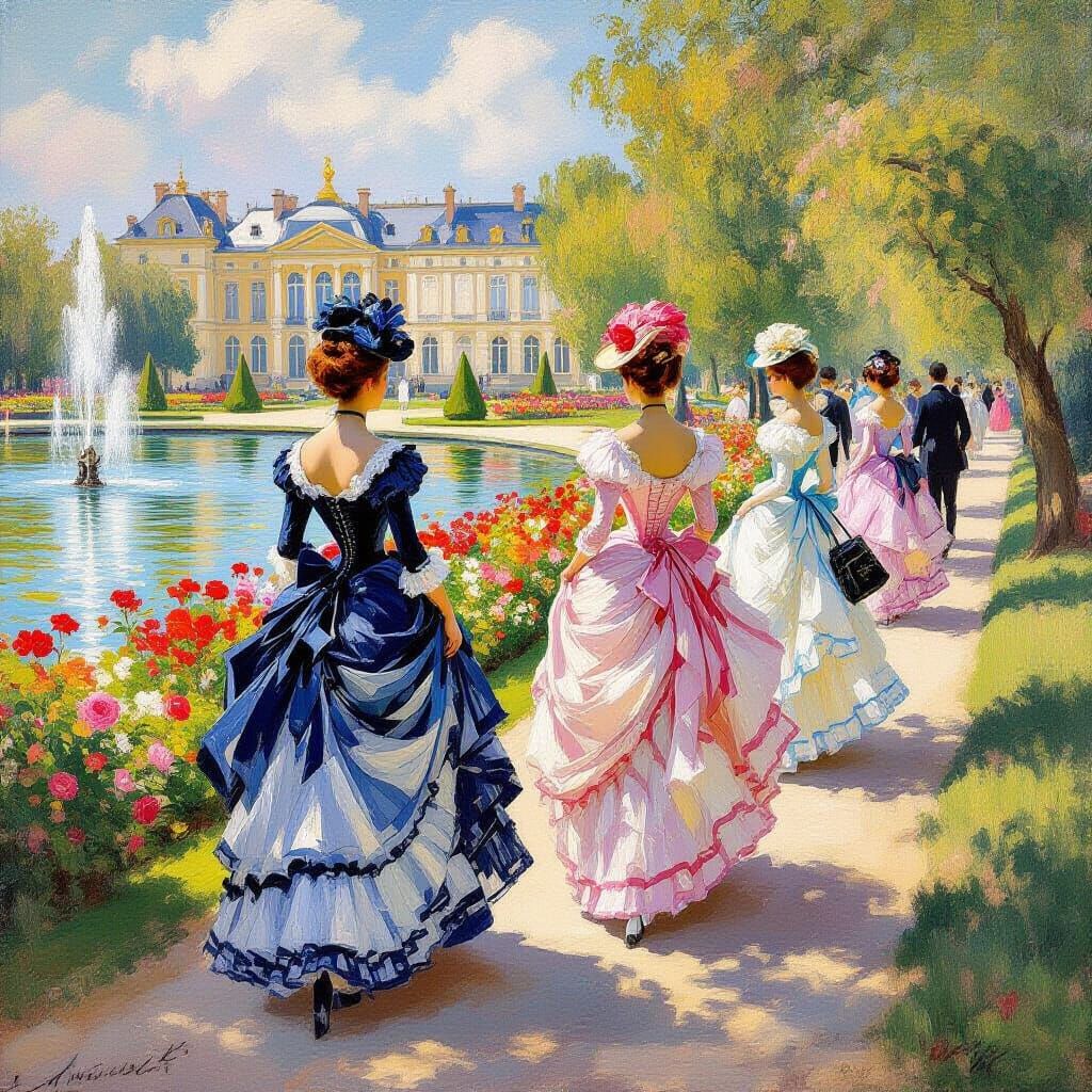 Elegant Ladies in Versailles Gardens: An Impressionistic Sce...