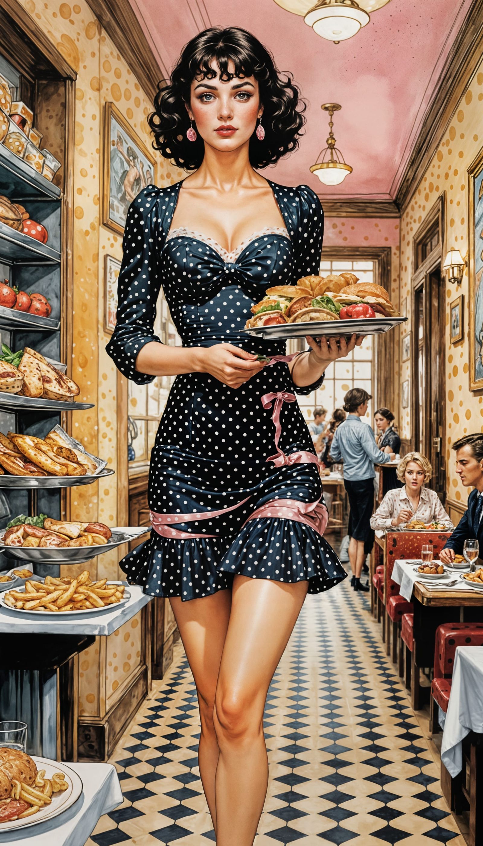 Polka Dot Dress in Diner: Modern Illustration