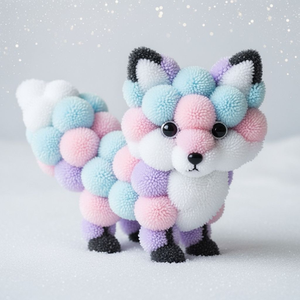 Pastel Pom Pom Arctic Fox in Snowy Scene