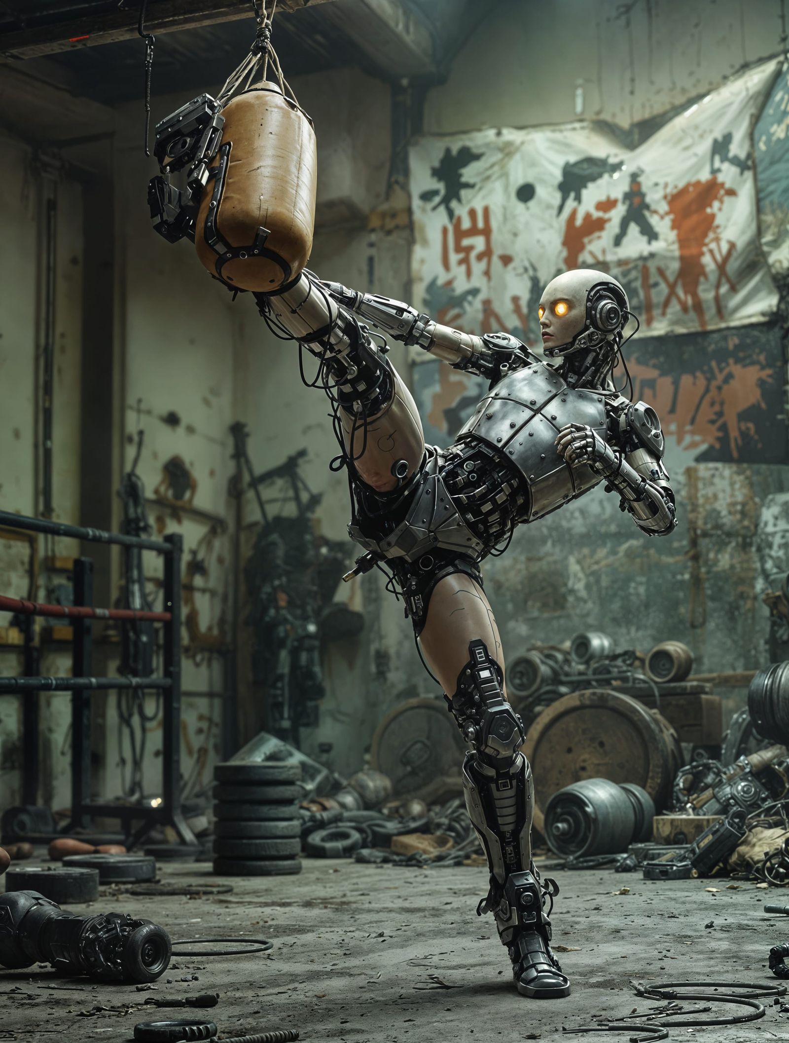 Cyborg Warrior in Gritty Post-Apocalyptic Gym