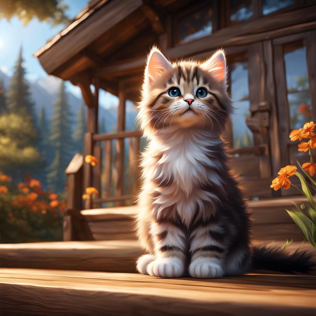 Cute Kitten on Cabin Porch in Detailed Digital Art