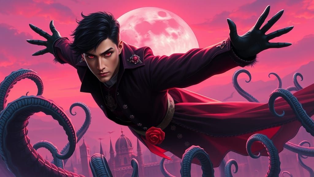 Vampire Soaring Above a Besieged Medieval Town