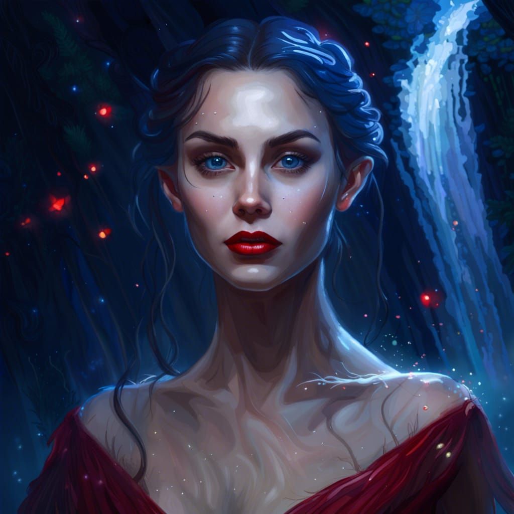 Tempting Sylphide Under Starry Waterfall, Hyperdetailed Art