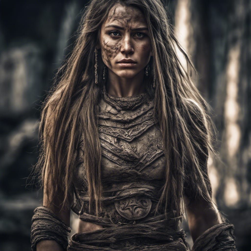 Hyperrealistic Portrait of a Scarred Warrior Woman