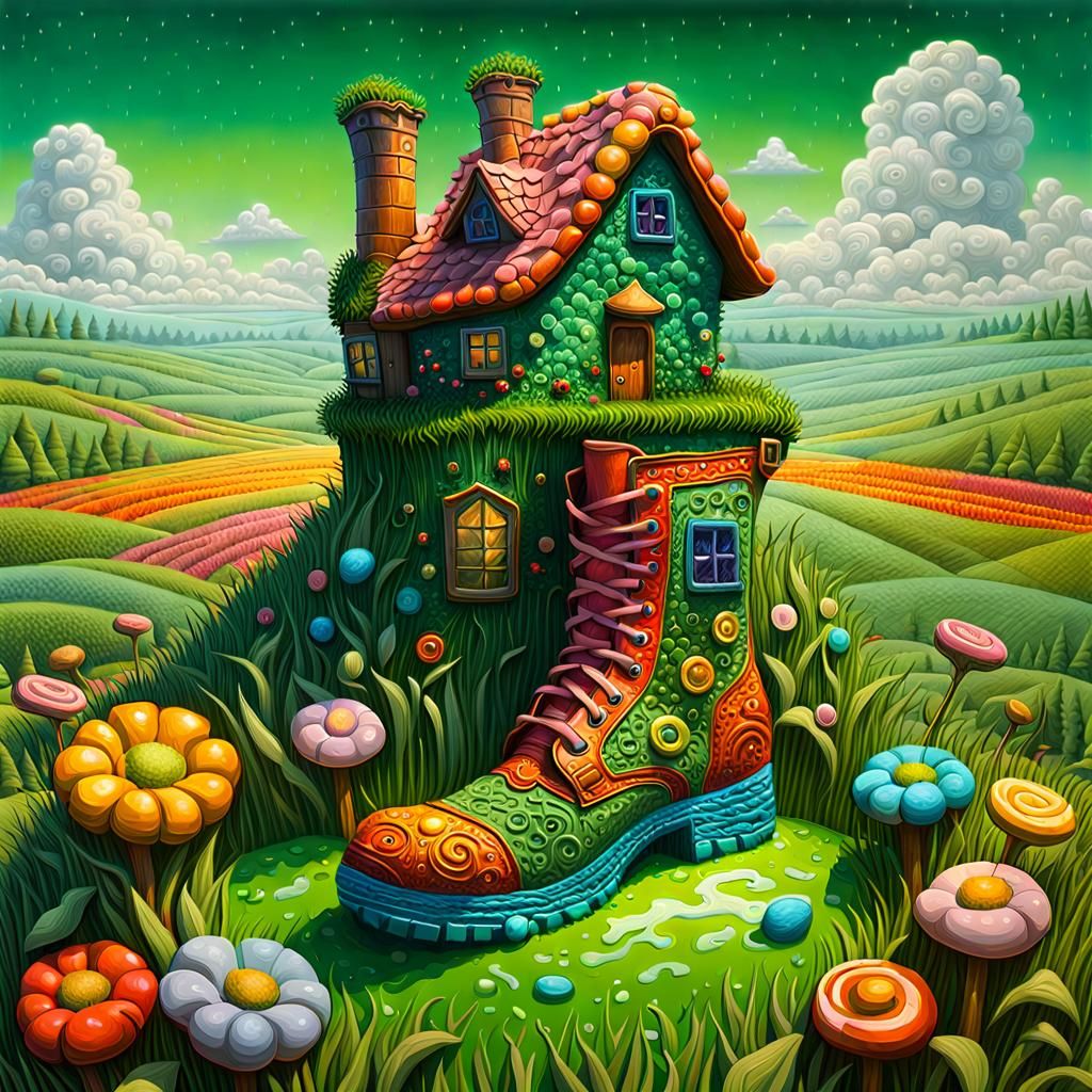 Whimsical Boot House in Pop Surrealist Style