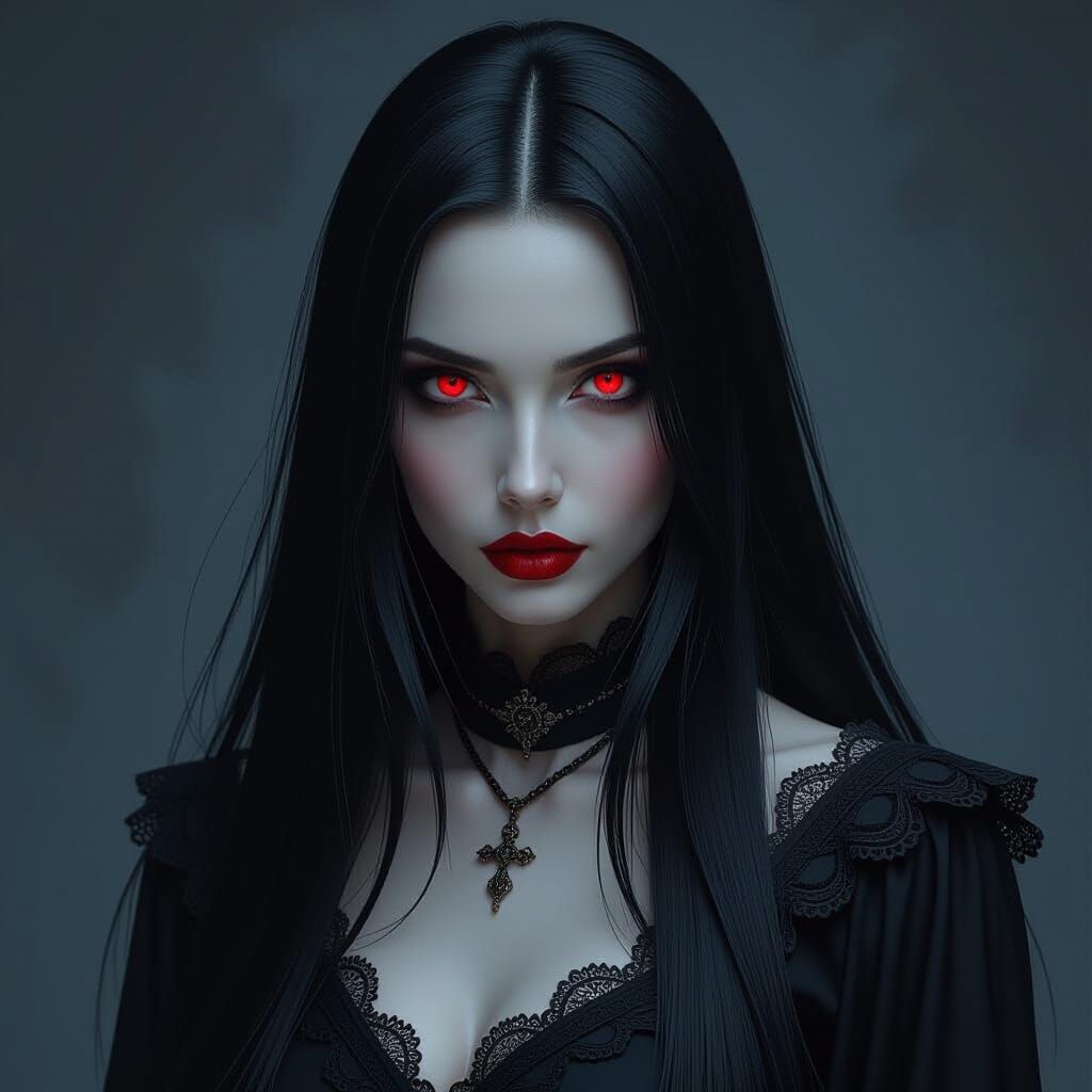 Gothic Fantasy Woman with Striking Red Eyes