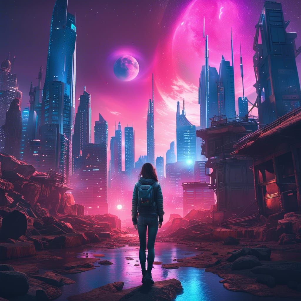 Cyberpunk Woman Gazes at Post-Apocalyptic Cityscape