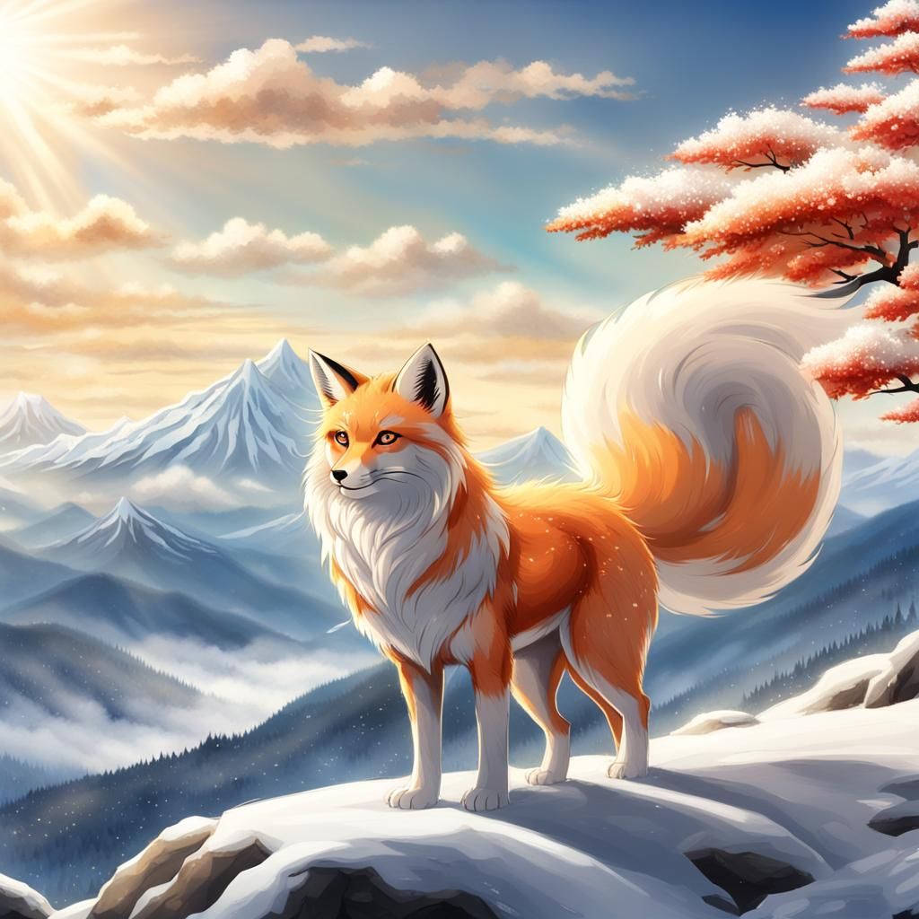 Majestic Nine-Tailed Kitsune in Snowy Japan