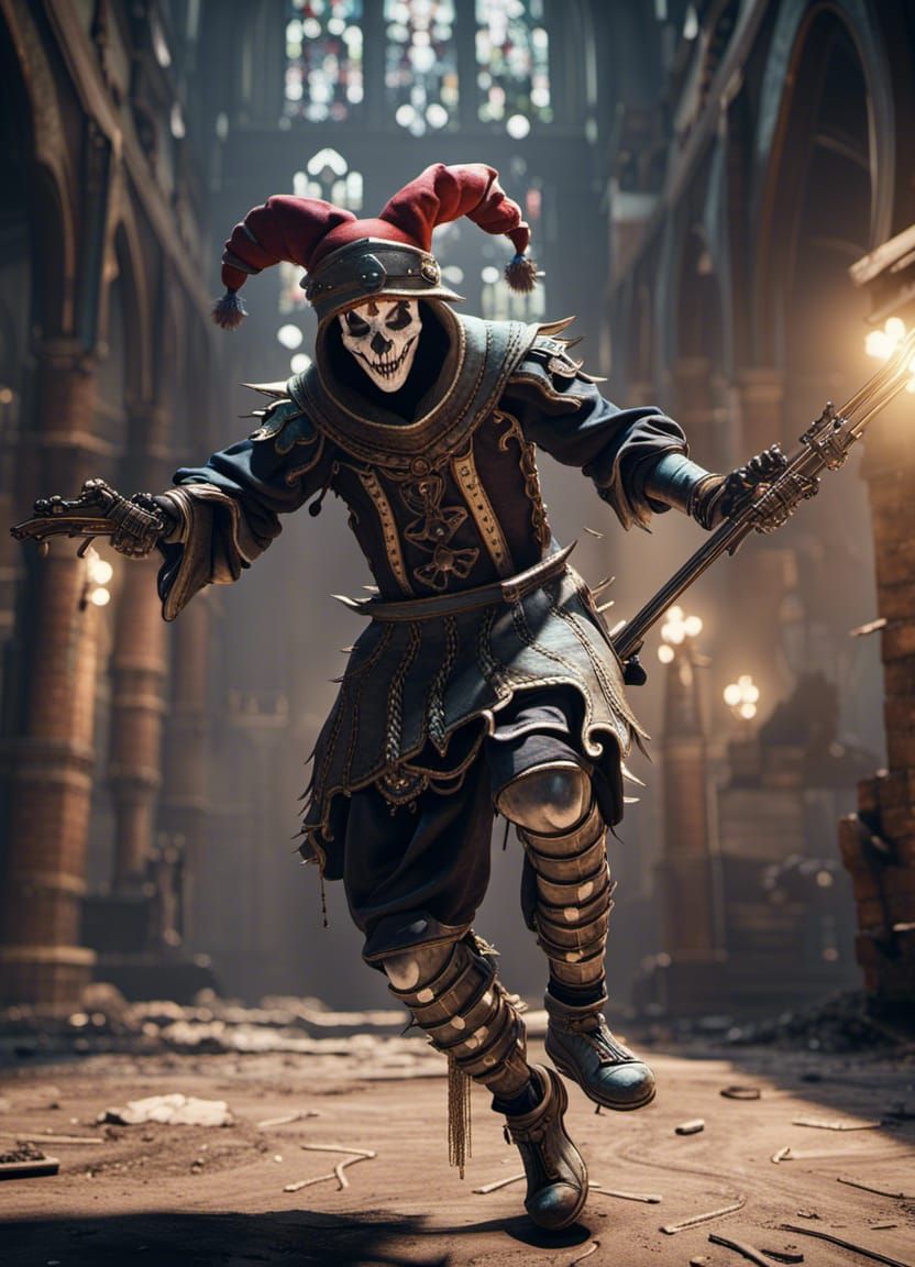 Medieval Jester's Triumphant Dance in Dystopian Battle