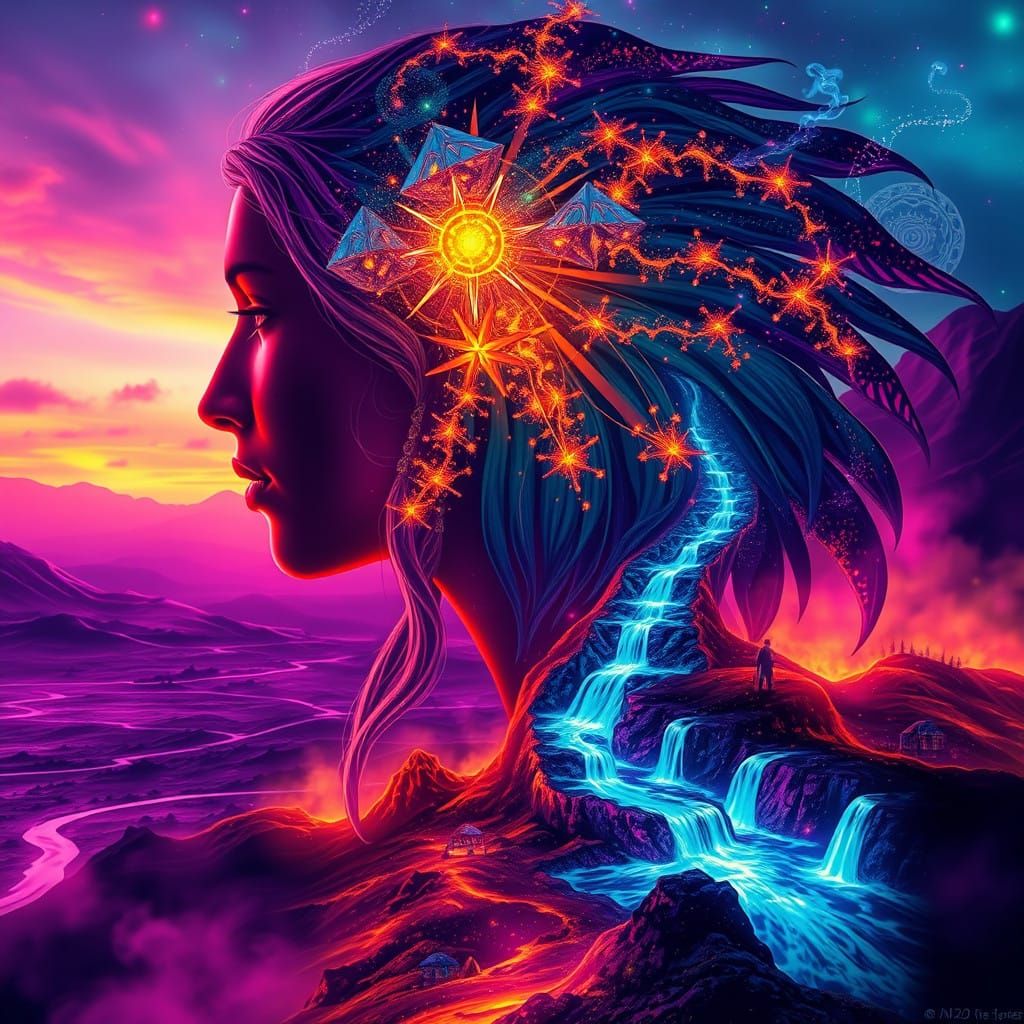 Native Indian Woman Dissolves into Vibrant Cosmic Landscape