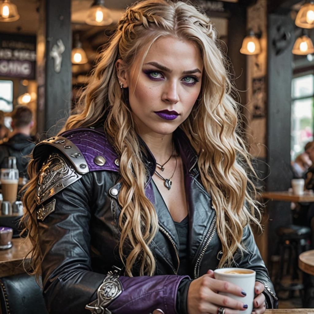 Valkyrie in Biker Outfit Drinks Coffee
