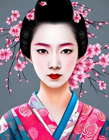 Geisha Portrait with Sakura in Pop Art Style