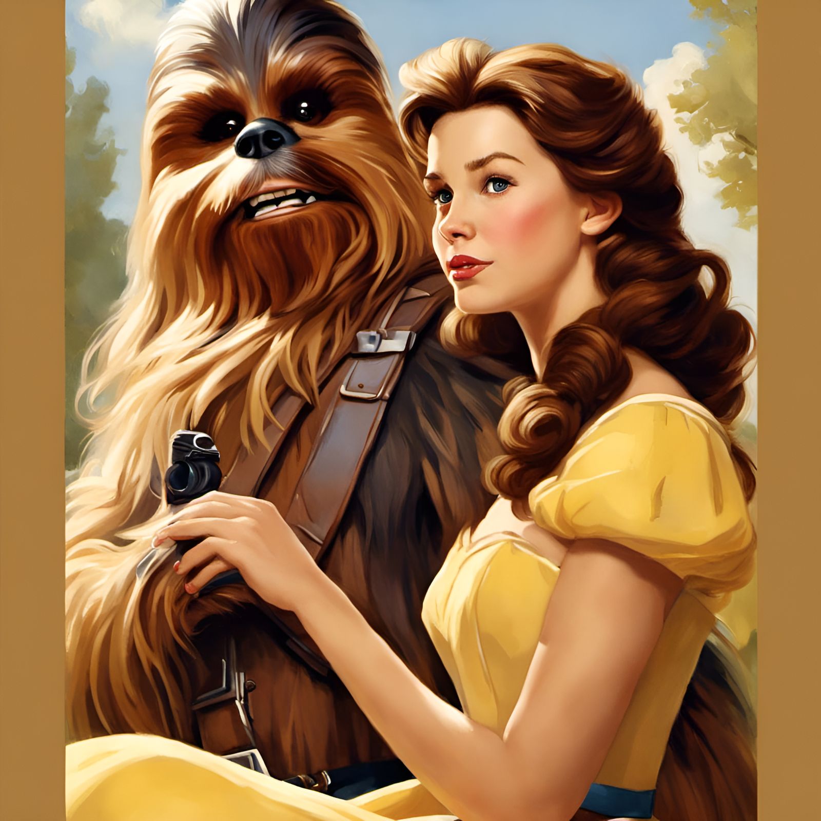 Belle and Chewbacca Portrait in Rockwell Style