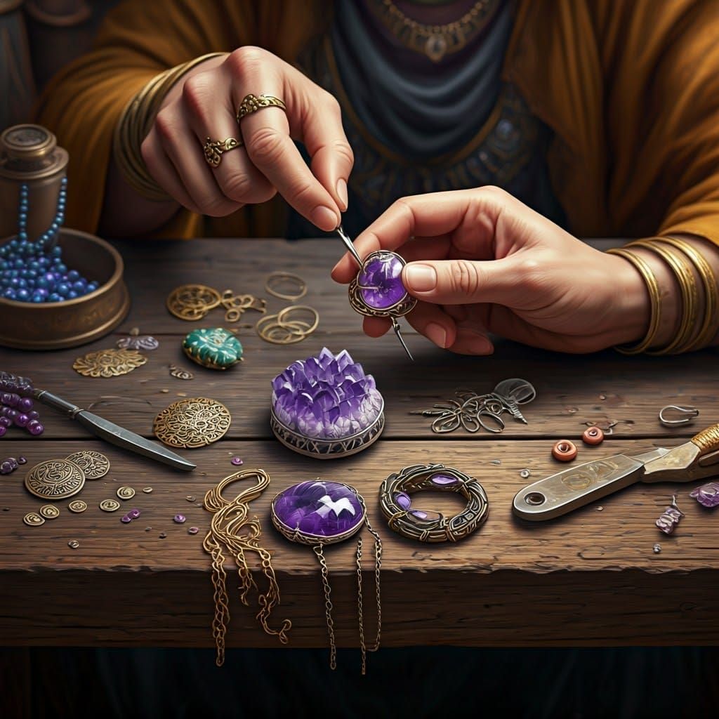 Hands Crafting Amethyst Jewelry in Fantasy Style