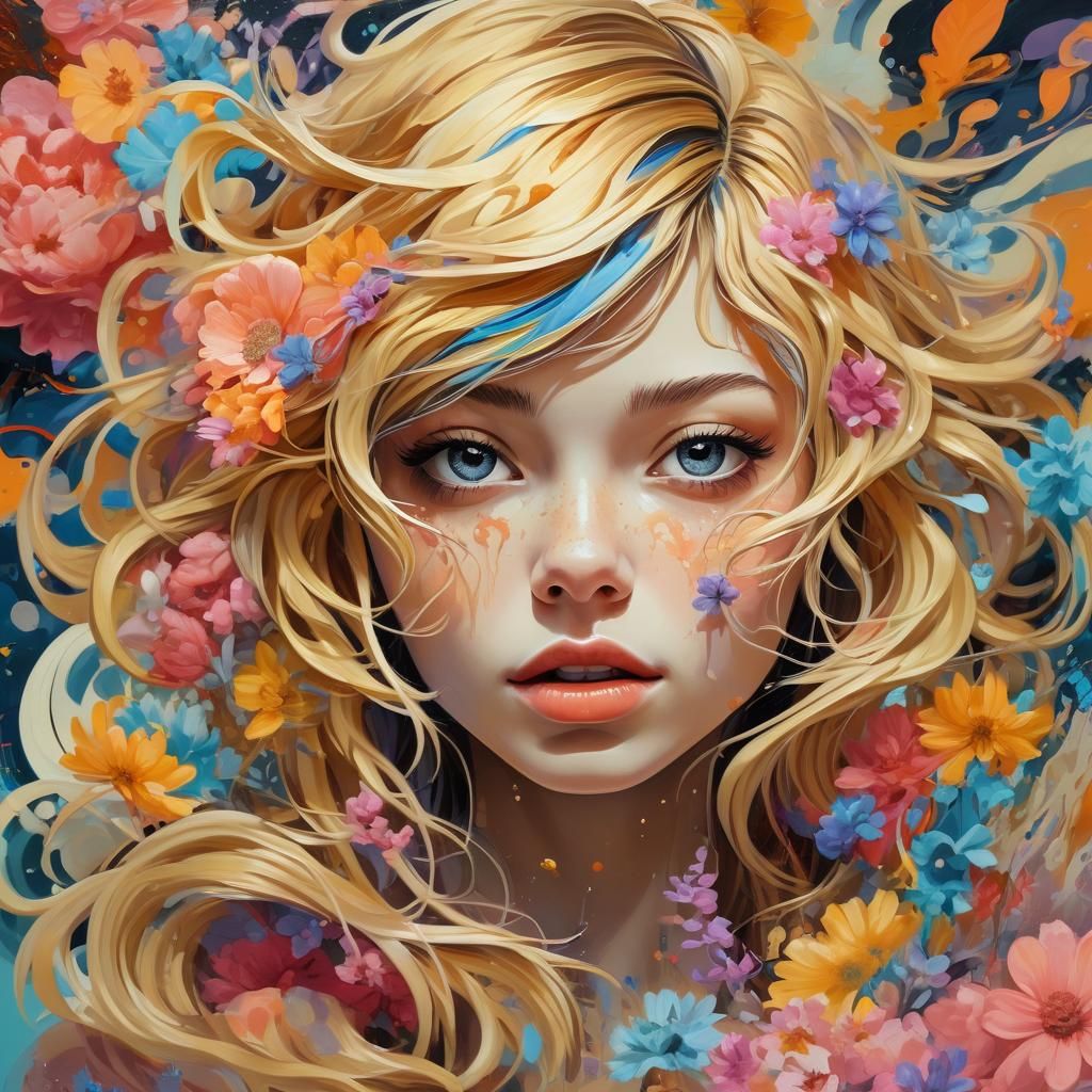 Anime-Inspired Surreal Portrait with Swirling Flowers