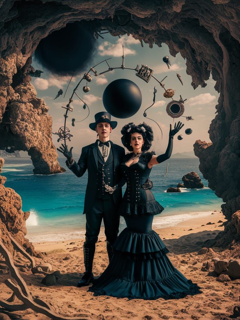 Goth Couple Juggling on Aegean Coast in Glitchcore Style