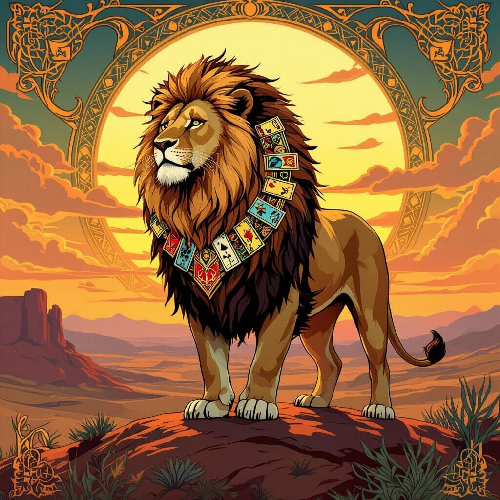 Lion with Tarot Mane in Art Nouveau Style