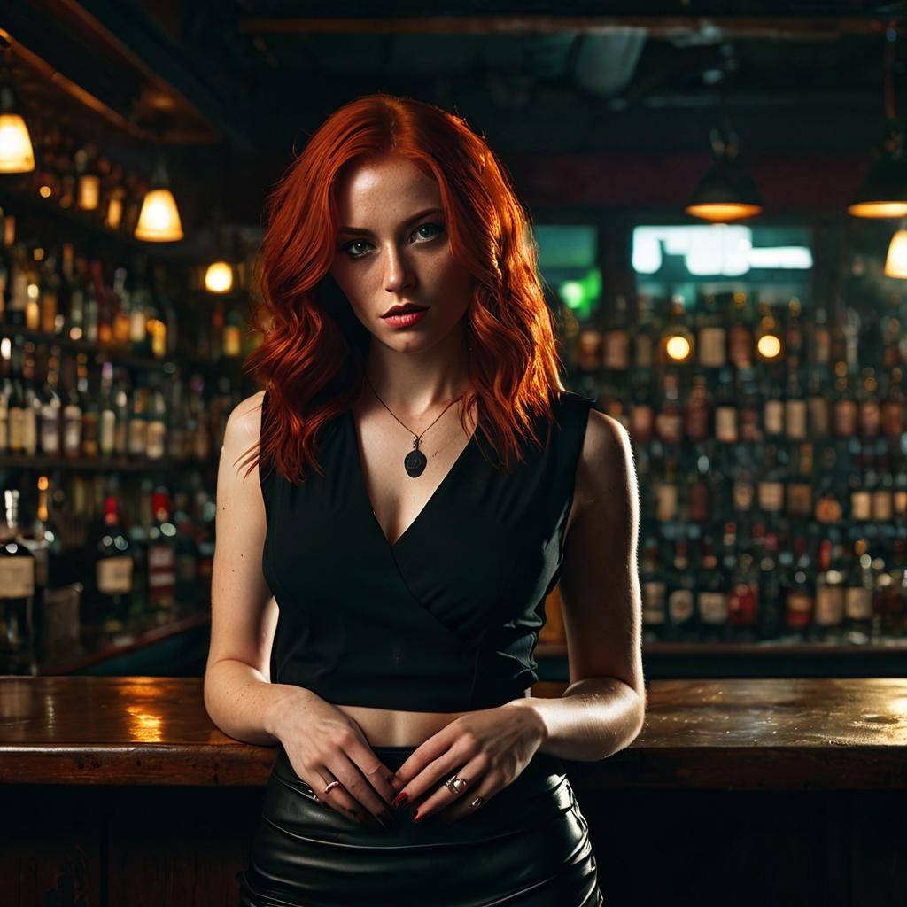 Cinematic Portrait of a Redhead in a Dimly Lit Bar