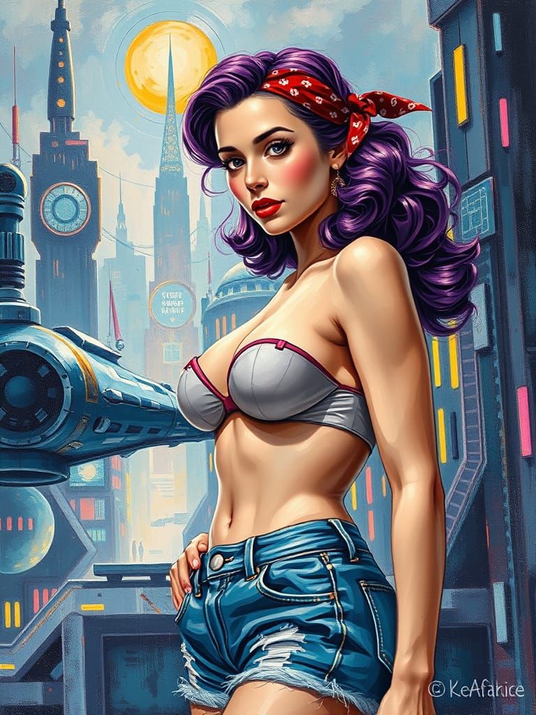 1940s Pinup Girl with Purple Hair in Futuristic City