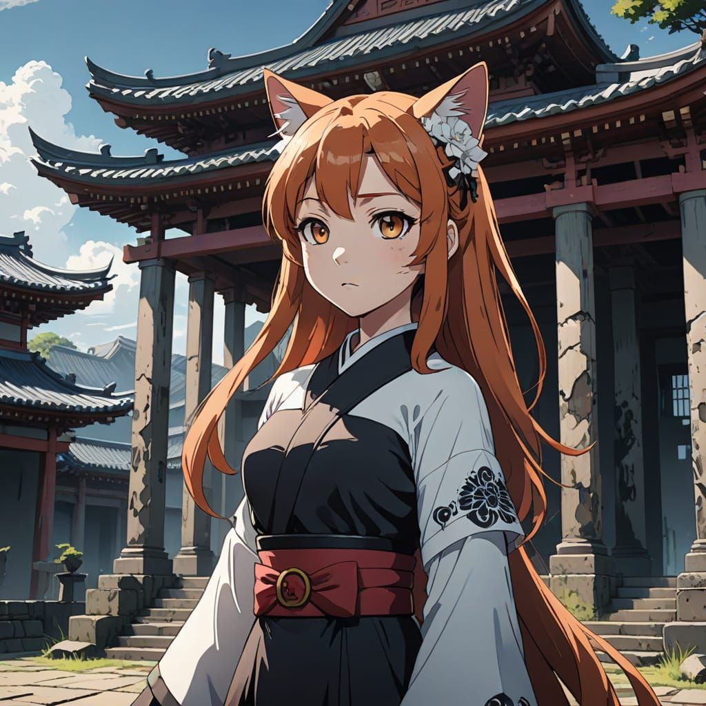 Cat-Human Ghost Hybrid in Ruined Temple