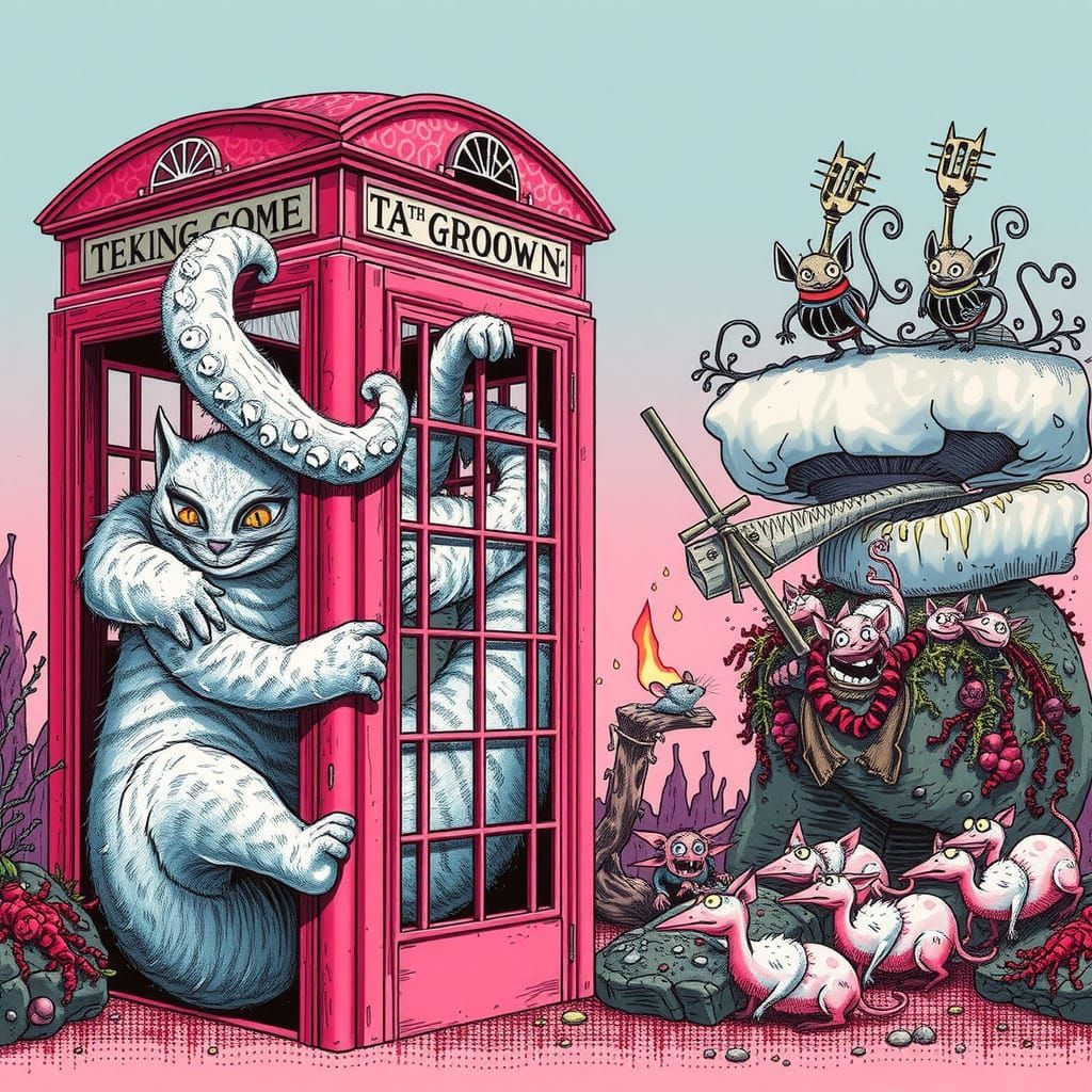 Black Cat in Cave with Mischievous Creatures Illustration