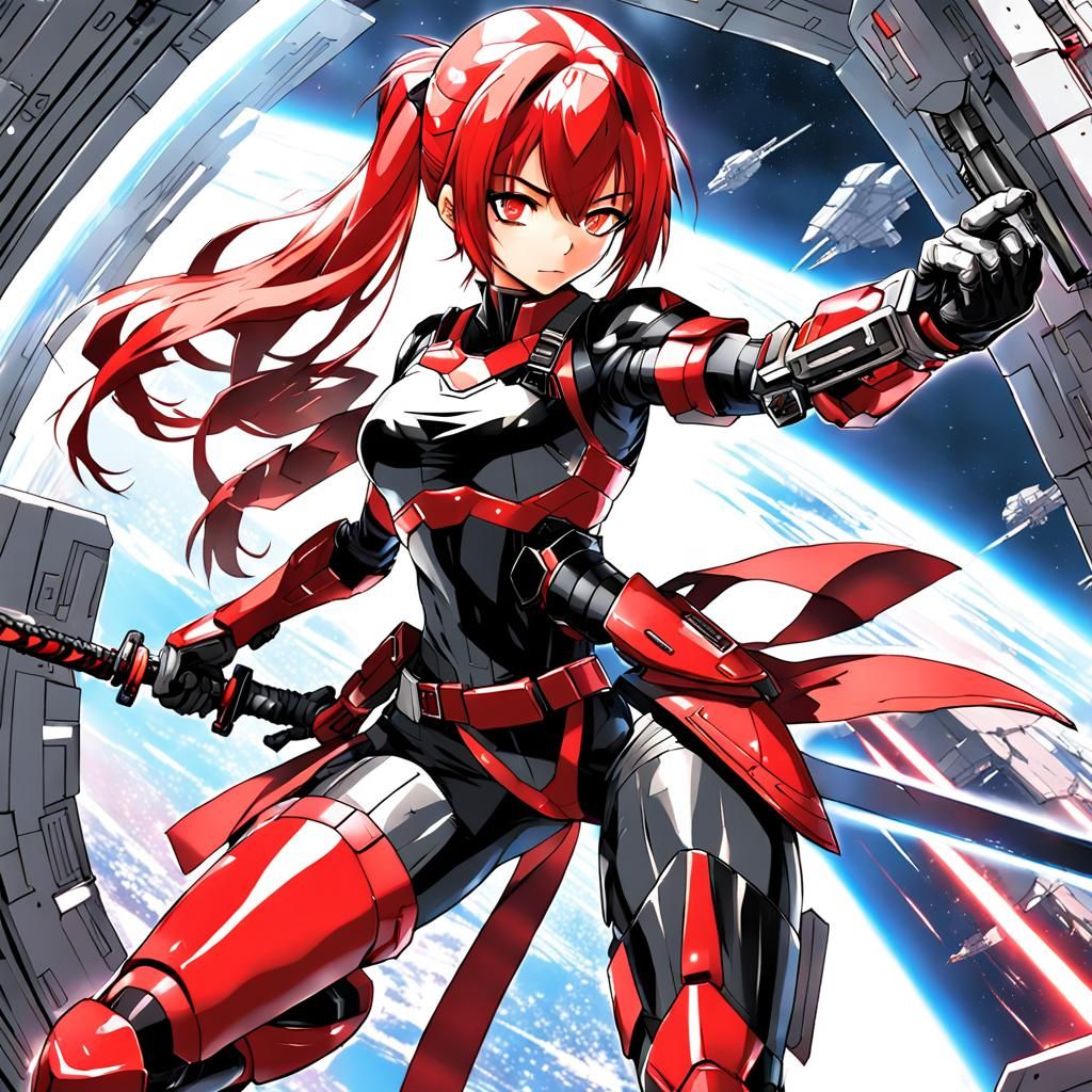 Futuristic Samurai Warrior in Space Station, Anime Style
